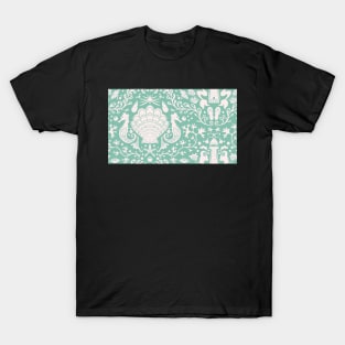 mint green summer beach damask pattern with blush pink seashells T-Shirt